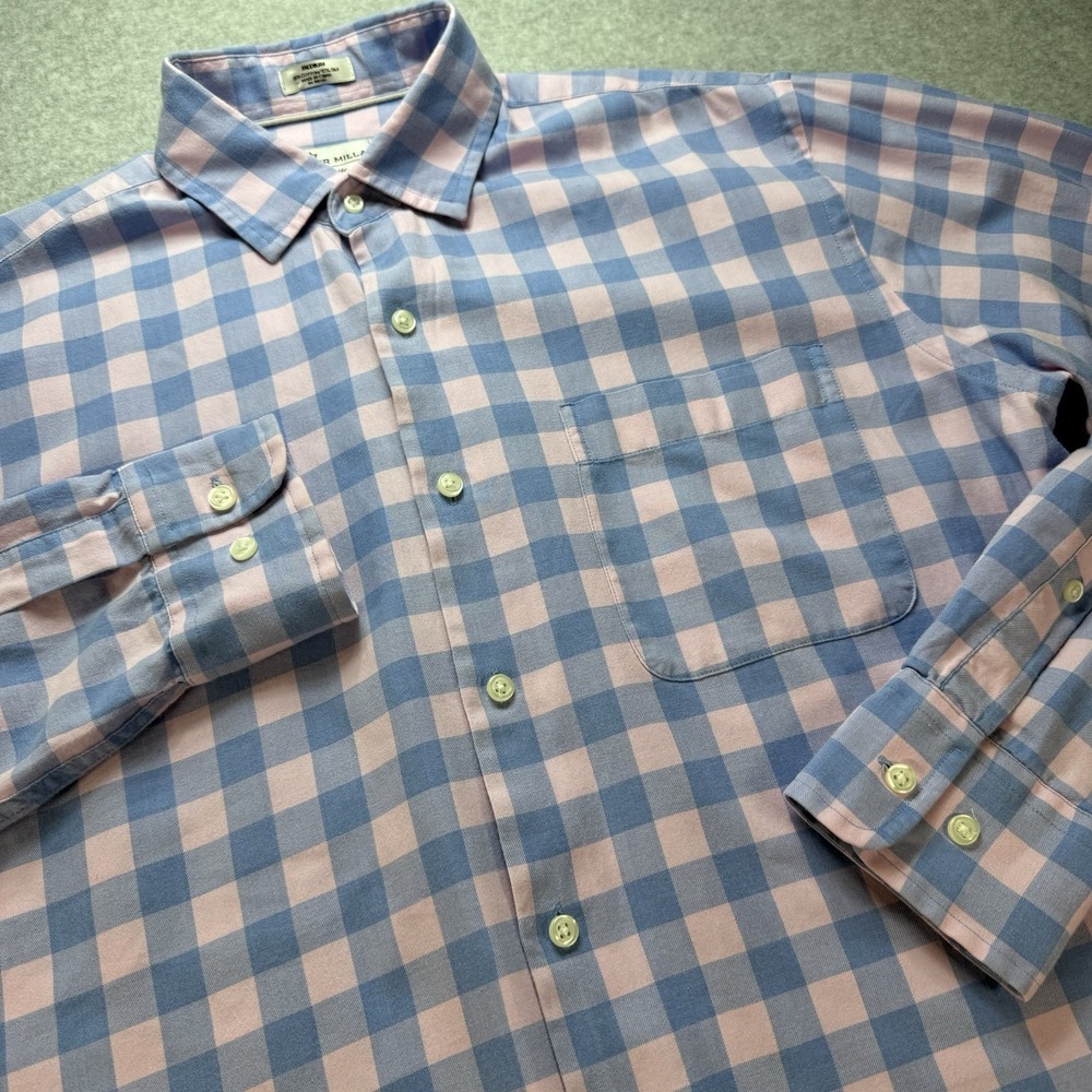 Peter Millar Button Up Shirt Mens‎ Medium Seaside Easter Pink Check Cotton Silk